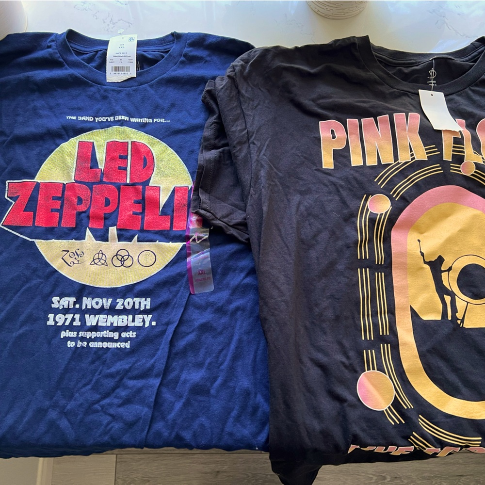 Brand new rock band t-shirts with price tags